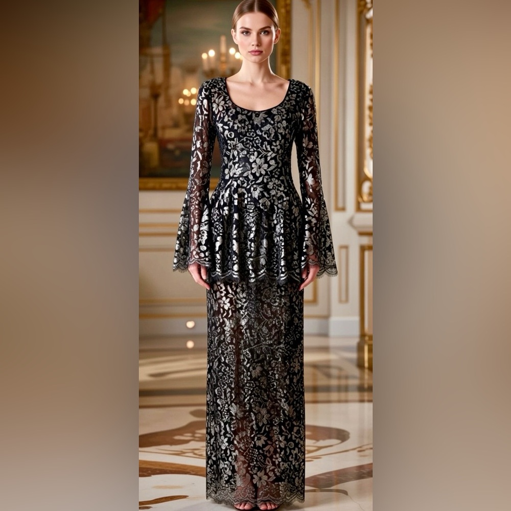 VTG ~ Peggy Jennings COUTURE Black & Silver Lace Gown